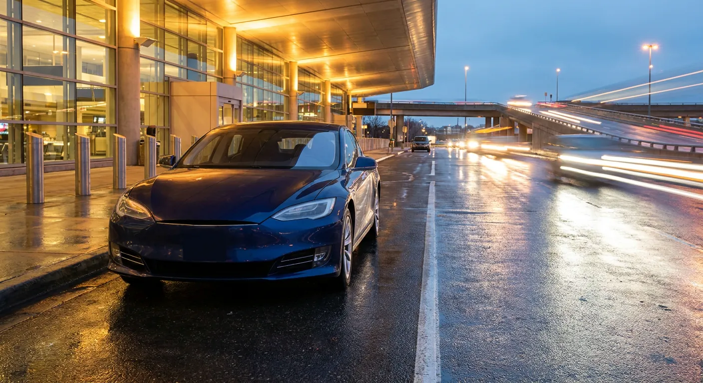 Car waiting at an airport terminal at dusk