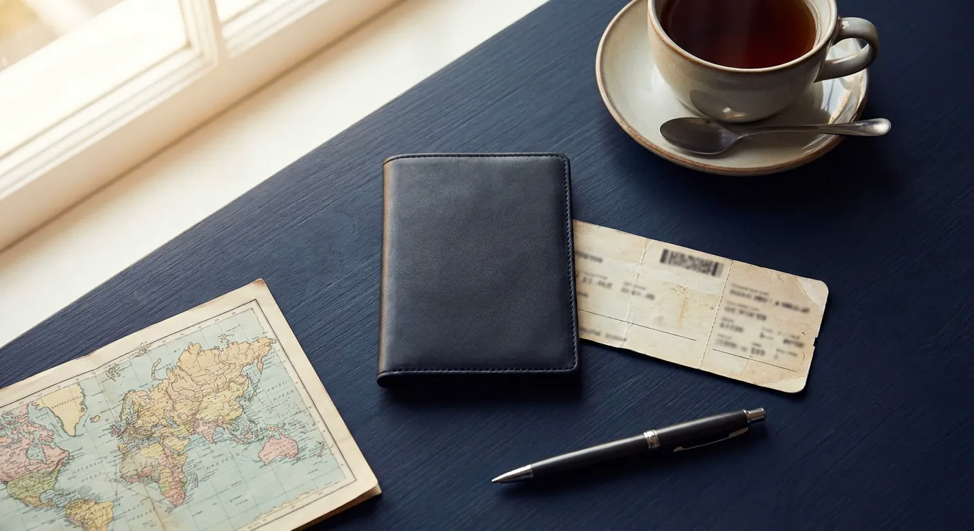 Passport, boarding pass and a map on a desk